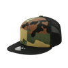 A 6-panel high profile structured camo trucker hat in green, brown, and black with a mesh back and a logo.
