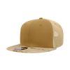 A high profile structured trucker cap in camo with a brown front and mesh back. It features a logo on the side.