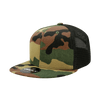 A camo-patterned trucker cap featuring a high-profile design with a mesh back.
