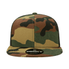 A camo trucker cap featuring a high-profile structured design in shades of green, brown, and tan with a logo on the front.