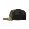 A camo trucker cap featuring a structured high profile design with a mesh back. Colours include green, brown, and black.