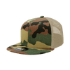 A camo trucker cap featuring a six-panel high profile, with a green and brown camouflage pattern and a beige mesh back.