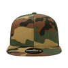 A structured 6-panel cap featuring a camouflage pattern in green, brown, and tan, with a black logo patch.