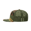 A camo trucker cap featuring a structured high profile and a mesh back in green, brown, and beige colours.