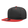 A structured snapback cap featuring a grey body and a red peak, with a logo on the front.