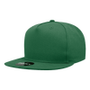 A green 5-panel high profile structured snapback cap with a flat brim and a branded tag.