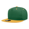 A green snapback cap with a yellow brim and button, featuring a logo on the side.