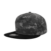 A grey digital camo snapback cap with a black brim and a logo on the front.