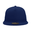 A high-profile structured snapback cap in navy blue with a flat brim and a logo on the front.