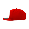 A red high-profile structured snapback cap featuring a flat visor and a branded label.
