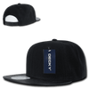 A black 6 panel high profile structured snapback cap with a branded tag and a flat brim.