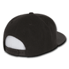 A black 6-panel high profile structured snapback cap with a mesh back and an adjustable strap.