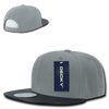 A grey high profile structured snapback cap with a black brim and a logo. It features a tag attached.