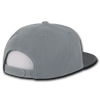 A grey high profile structured snapback cap featuring a plastic adjustable strap and a white mesh back.