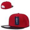 A red high profile structured snapback cap with a black visor and a logo patch attached.