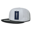 A structured white snapback cap with a black brim and a logo tag attached.