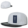 A white structured snapback cap with a black brim and a logo tag attached.