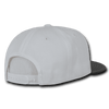 A white 6 panel high profile structured snapback cap featuring a black underside and an adjustable snapback closure.