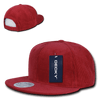 A red corduroy snapback cap with a structured high profile and a label on it, featuring a mesh panel at the back.