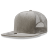 A grey 5 Panel High Profile Structured Trucker cap with a mesh back and a flat brim, featuring a logo.