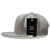 A grey 5 Panel High Profile Structured Trucker cap with a mesh back and a tag attached.