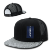 A black trucker cap with a patterned grey peak, featuring a mesh back and a logo tag.