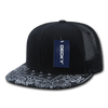 A black trucker cap with a structured design and a patterned black and white bandanna brim. It includes a logo tag.