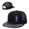 A black high-profile trucker cap with a patterned peak and mesh sides. Features a logo and a tag.