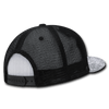 A black and white 6 Panel High Profile Structured Bandanna Trucker cap with a mesh back and a patterned visor.