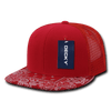 A red high-profile trucker cap with a patterned bandanna brim and a mesh back, featuring a tag.