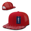 A red 6-panel high profile structured bandanna trucker cap with a mesh back and branded tag.