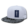 A high-profile structured trucker cap featuring a white body and a black paisley patterned brim, with a logo tag.