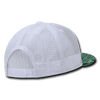 A white mesh trucker cap featuring a green bandanna-patterned brim and an adjustable strap at the back.
