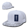 A white 6 panel high profile structured trucker cap with a patterned brim and a logo tag.