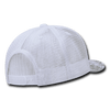 A white, high-profile structured trucker cap featuring a mesh back and a patterned brim. It includes a logo.