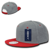 A grey and red 6-panel high profile structured snapback cap with a logo on the front.