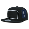 A black structured snapback cap with a patch area for custom designs and a branding tag.