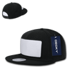 A black high profile structured snapback cap with a white patch. The cap features a logo and a swing tag.