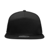A structured black cap featuring a 7-panel design, with a flat brim and a logo on the front.