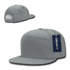 A grey 7 panel high profile structured cap with a branded tag and mesh detailing on the back.