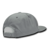 A grey 7 panel high profile structured cap with a mesh backing and adjustable strap at the back.