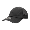 A black low profile relaxed vintage trucker cap with mesh sides and a logo on the front.