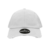 A low-profile white vintage trucker cap featuring a distressed design and a logo.
