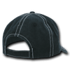 A black 6-panel low profile relaxed dad hat featuring contrast stitching and an adjustable strap at the back.