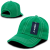 A green 6-panel low profile relaxed dad hat with contrasting stitching and a tag attached, featuring a logo.