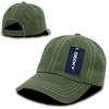 A green six-panel low profile relaxed dad hat with contrast stitching and a tag. The back is adjustable.