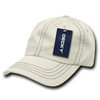 A beige 6-panel low profile dad hat with relaxed fit and contrasting stitching, featuring a tag and logo.
