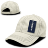 A beige 6 panel low profile relaxed dad hat with stitching details and a brand tag attached.