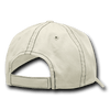 A beige six-panel low-profile relaxed dad hat with a stitched design and an adjustable strap at the back.