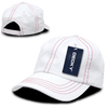 A white 6-panel low profile relaxed dad hat featuring red stitching and a hang tag with a brand logo.